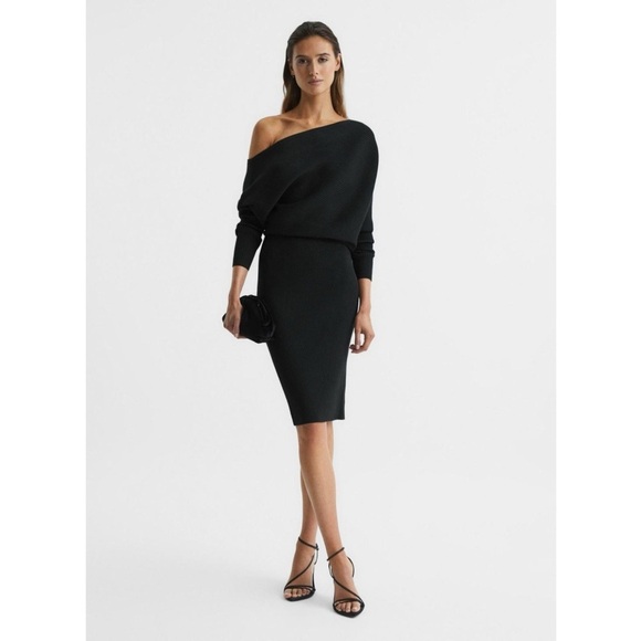 Reiss Black Lara Off-The-Shoulder Ribbed Midi Dress Knit Sweater - Picture 14 of 16